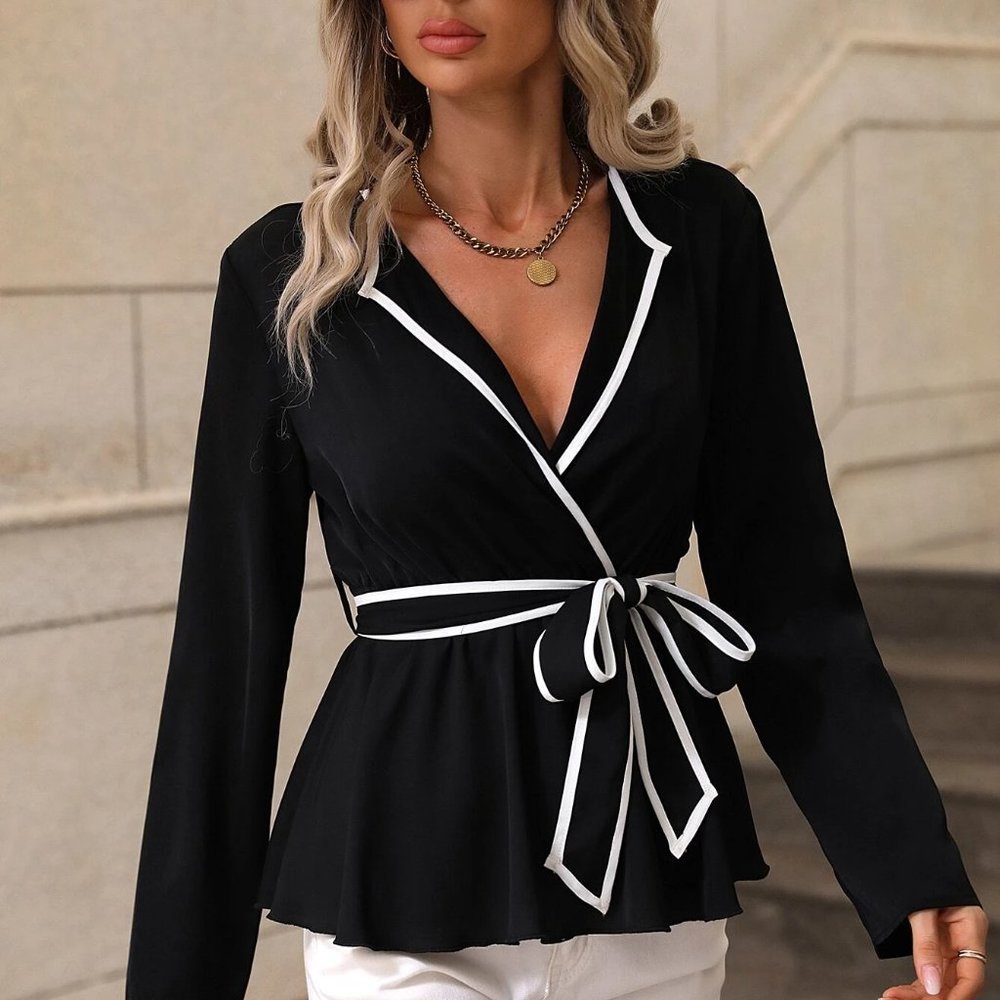 Black Preppy Womens Contrast Binding Belted Blouse - Picture 3 of 5